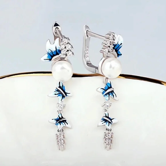 Blue and White Butterflies Long Tassel Earrings 925 Sterling Silver - Picture 4 of 5